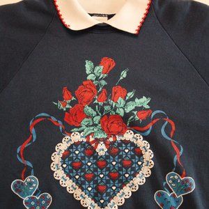Vintage Hearts & Roses Crewneck Sweatshirt with Embroidered Peter Pan Collar